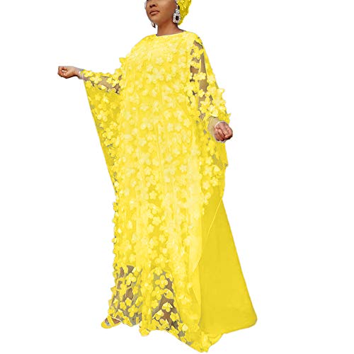 HD Damen-Kleid mit Blumen-Applikationen im afrikanischen Stil, U-Boot-Ausschnitt, Chiffon-Kaftan, Einheitsgröße, gelb, Einheitsgröße von HD