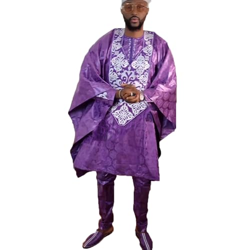 HD Traditionelle afrikanische Kleidung für Herren, nigerianischer Mann, Agbada-Stickerei, Bazin Boubou Outfit, Violett-92, Large von HD