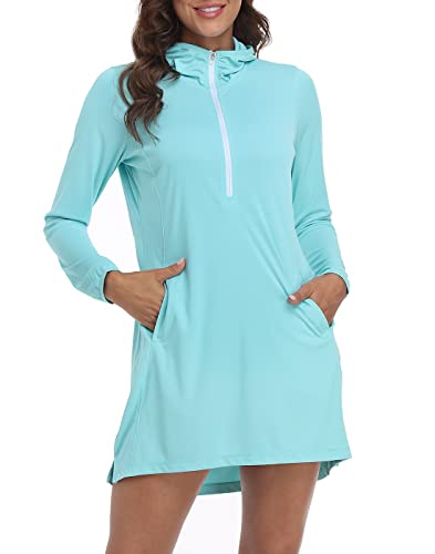 HDE Beach Coverups für Damen UPF 50 Langarm Schwimmkleid mit Kapuze, Blau, XX-Large von HDE