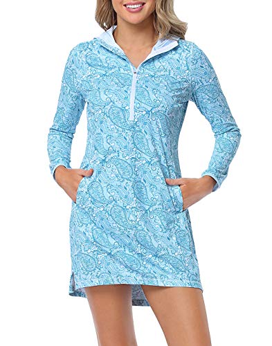 HDE Beach Coverups für Damen UPF 50 Langarm Schwimmkleid mit Kapuze, Blaugrünes Paisley, Large von HDE