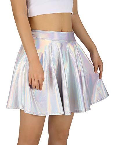 HDE Damen Casual Fashion Flared Plissee A-Linie Kreis Skater Rock, Silberfarbenes Hologramm., X-Groß von HDE