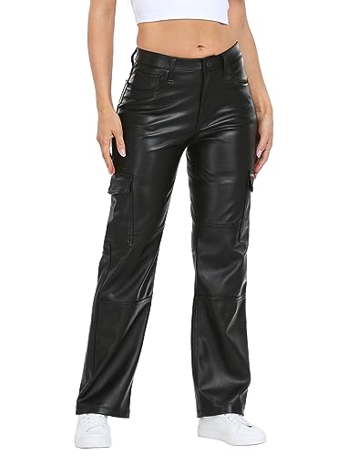 HDE Damen Faux Leder Cargo Hose mit Taschen Hohe Taille Y2K Relaxed Hose, Schwarz, 29 von HDE