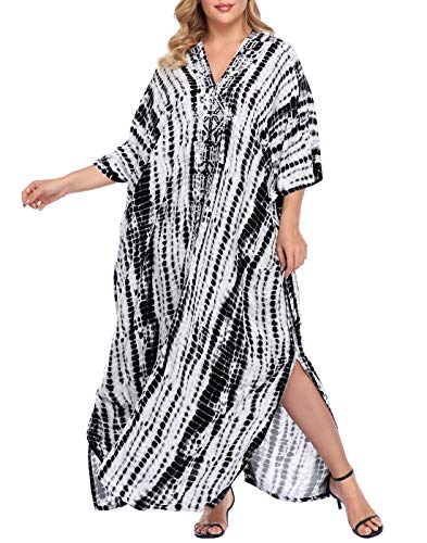 HDE Damen-Kaftan-Kleid, LSF 30+, Übergröße, V-Ausschnitt, lang, Übergröße, Maxi-Schwimmvertuschung, Schwarze Krawatte, Einheitsgröße von HDE