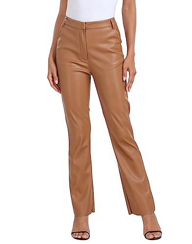 HDE Damen Kunstleder Hose Hohe Taille Gerade Bein Hose mit Taschen, Camel-Braun, M von HDE