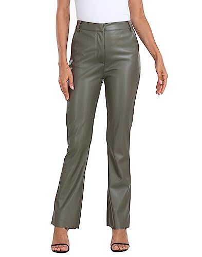 HDE Damen Kunstleder Hose Hohe Taille Gerade Bein Hose mit Taschen, Olivgrün, X-Groß von HDE