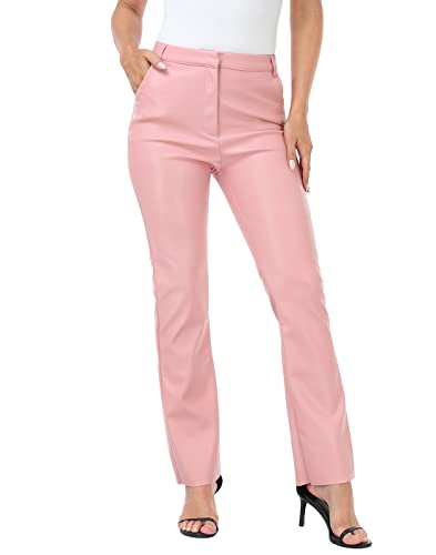 HDE Damen Kunstleder Hose Hohe Taille Gerade Bein Hose mit Taschen, Pink, X-Groß von HDE