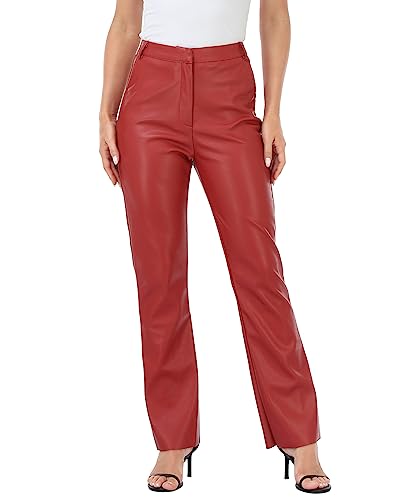 HDE Damen Kunstleder Hose Hohe Taille Gerade Bein Hose mit Taschen, Rot/Ausflug, einfarbig (Getaway Solids), M von HDE