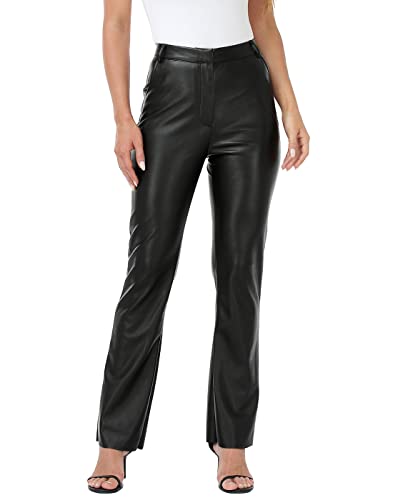 HDE Damen Kunstleder Hose Hohe Taille Gerade Bein Hose mit Taschen, Schwarz, Groß von HDE