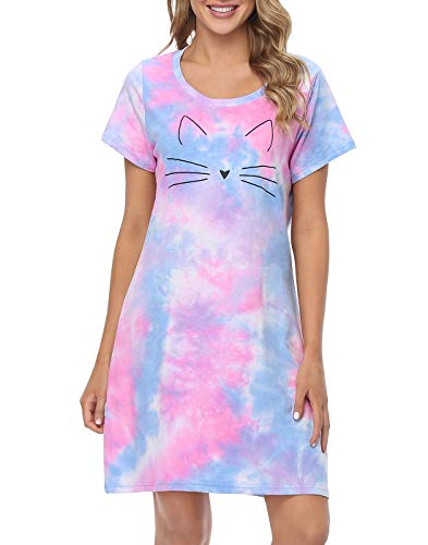 HDE Damen Nachtwäsche Baumwolle Nachthemden Kurzarm Sleepshirt Print Nachthemd S-5X, Niedliche Katze Tie Dye, Large-X-Large von HDE