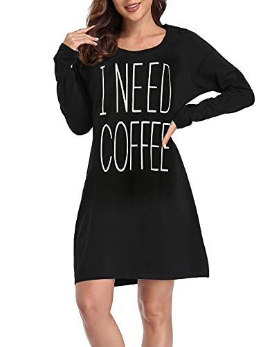HDE Damen Nachtwäsche Baumwolle Nachthemden Langarm Sleepshirt Print Nachthemd, Brauchen Sie Kaffee, XXL/3XL von HDE