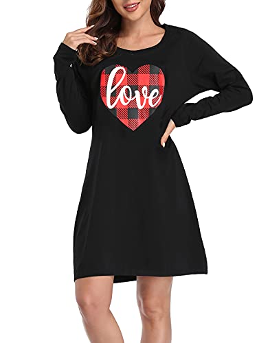 HDE Damen Nachtwäsche Baumwolle Nachthemden Langarm Sleepshirt Print Nachthemd, Buffalo Plaid Heart, Small-Medium von HDE