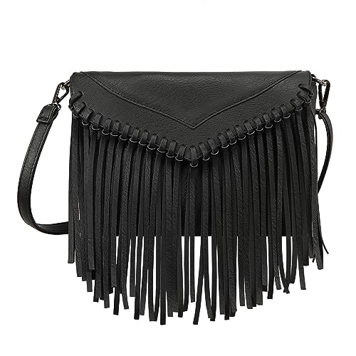 HDE Damen PU Leder Hobo Fransen Crossbody Quaste börse Vintage Kleine Handtasche, Schwarz (schwarz), EinheitsgröÃŸe von HDE
