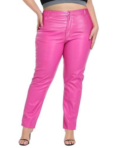 HDE Damen Plus Size Kunstleder Hose Hohe Taille Gerade Bein Hose w/Taschen, Knallpink (Hot Pink), 4X von HDE