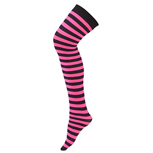 HDE Damen-Socken, durchscheinend, gestreift, Oberschenkelhohe Strümpfe, Übergröße, OTK Socken (Schwarz / Rosa / Streifen) von HDE