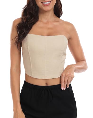 HDE Damen Trägerloses Leinen Korsett Y2K Crop Top Bustier Body Shaper Bandeau Top, Beige, Medium von HDE