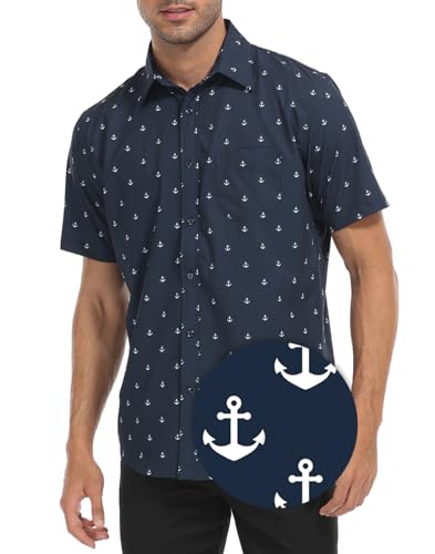 HDE Lässiges Herren-Hemd mit Knopfleiste, Größe S-5XL, große kurze Ärmel, floraler Hawaii-Druck, Anker, XL von HDE