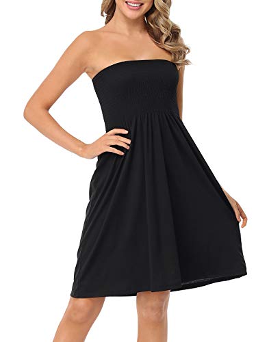 HDE Mini Gesmoktes Kleid für Damen Trägerlose Sommerkleider Strand Cover Up, Schwarz, Small von HDE