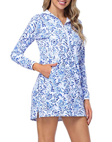 HDE Strandkleid für Damen, UPF 50+, langärmelig, Shirtkleid, Coverup - Blau - Medium von HDE