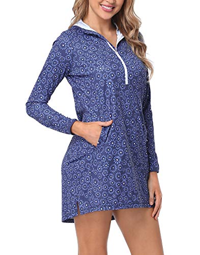 HDE Strandkleid für Damen, UPF 50+, langärmelig, Shirtkleid, Coverup - Blau - Medium von HDE