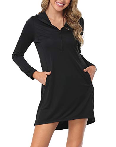 HDE Strandkleid für Damen, UPF 50+, langärmelig, Shirtkleid, Coverup - Schwarz - Small von HDE