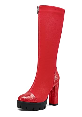 HDEUOLM Damen Blockabsatz Hoher High Plateau Plattform Absatz Heel Runde Zehenkappe Mid Calf Kniehoch Stiefel Reißverschluss Patchwork 12 cm Heels Rot 43 EU von HDEUOLM