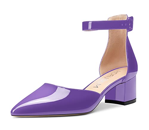 HDEUOLM Damen Blockabsatz Sandalen Kitten Heel Pumps Spitze Zehenkappe Knöchelriemen Niedriger Absatz Schuhe Violett Lackleder 38 EU von HDEUOLM