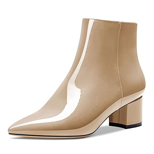 HDEUOLM Damen Chunky Blockabsatz Absatz Heel Spitze Zehenkappe Stiefeletten Reißverschluss Slip-on Klassisch Dress Stiefel 5 CM Heels Beige 42 EU von HDEUOLM