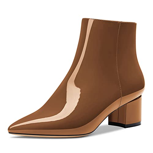 HDEUOLM Damen Chunky Blockabsatz Absatz Heel Spitze Zehenkappe Stiefeletten Reißverschluss Slip-on Klassisch Dress Stiefel 5 CM Heels Braun 44 EU von HDEUOLM