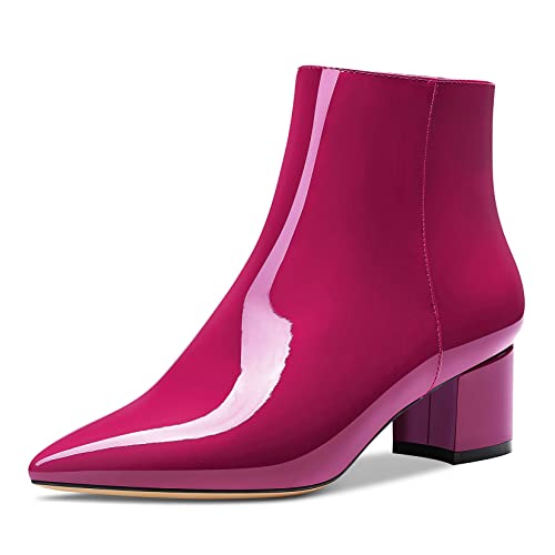 HDEUOLM Damen Chunky Blockabsatz Absatz Heel Spitze Zehenkappe Stiefeletten Reißverschluss Slip-on Klassisch Dress Stiefel 5 CM Heels Magenta Rot 38 EU von HDEUOLM