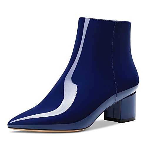 HDEUOLM Damen Chunky Blockabsatz Absatz Heel Spitze Zehenkappe Stiefeletten Reißverschluss Slip-on Klassisch Dress Stiefel 5 CM Heels Navy Blau 43 EU von HDEUOLM