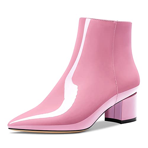 HDEUOLM Damen Chunky Blockabsatz Absatz Heel Spitze Zehenkappe Stiefeletten Reißverschluss Slip-on Klassisch Dress Stiefel 5 CM Heels Rosa 43 EU von HDEUOLM