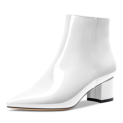HDEUOLM Damen Chunky Blockabsatz Absatz Heel Spitze Zehenkappe Stiefeletten Reißverschluss Slip-on Klassisch Dress Stiefel 5 CM Heels Weiß 41 EU von HDEUOLM