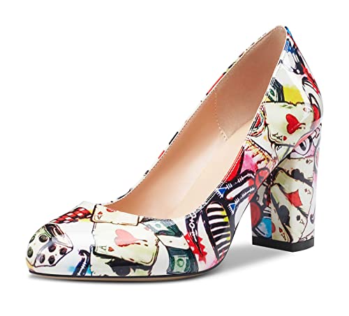 HDEUOLM Damen Chunky Blockabsatz Hoher High Absatz Heel Geschlossene Runde Zehenkappe Pumps Slip-on Hochzeit Büroschuhe Cute Schuhe 8CM Heels Mehrfarbig Lackleder 35 EU von HDEUOLM