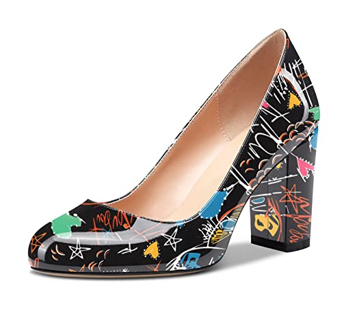 HDEUOLM Damen Chunky Blockabsatz Hoher High Absatz Heel Geschlossene Runde Zehenkappe Pumps Slip-on Hochzeit Büroschuhe Cute Schuhe 8CM Heels Mehrfarbig Lackleder A 35 EU von HDEUOLM