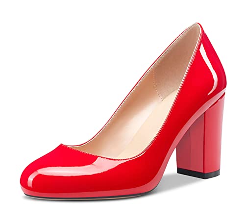 HDEUOLM Damen Chunky Blockabsatz Hoher High Absatz Heel Geschlossene Runde Zehenkappe Pumps Slip-on Hochzeit Büroschuhe Cute Schuhe 8CM Heels Rot Lackleder 40 EU von HDEUOLM