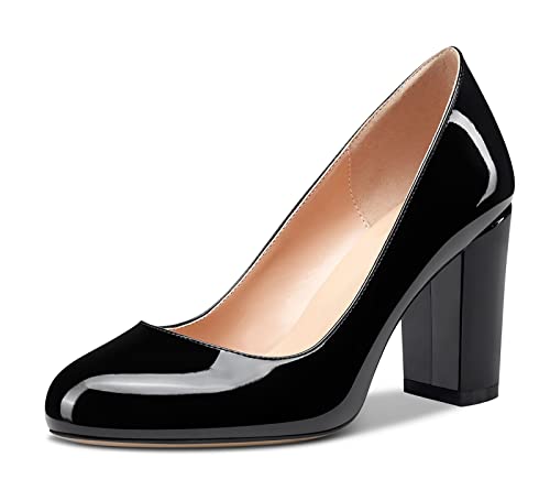 HDEUOLM Damen Chunky Blockabsatz Hoher High Absatz Heel Geschlossene Runde Zehenkappe Pumps Slip-on Hochzeit Büroschuhe Cute Schuhe 8CM Heels Schwarz Lackleder 39 EU von HDEUOLM