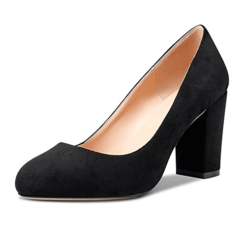 HDEUOLM Damen Chunky Blockabsatz Hoher High Absatz Heel Geschlossene Runde Zehenkappe Pumps Slip-on Hochzeit Büroschuhe Cute Schuhe 8CM Heels Schwarz Wildleder 38 EU von HDEUOLM