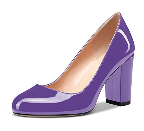 HDEUOLM Damen Chunky Blockabsatz Hoher High Absatz Heel Geschlossene Runde Zehenkappe Pumps Slip-on Hochzeit Büroschuhe Cute Schuhe 8CM Heels Violett Lackleder 40 EU von HDEUOLM
