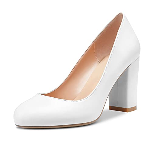HDEUOLM Damen Chunky Blockabsatz Hoher High Absatz Heel Geschlossene Runde Zehenkappe Pumps Slip-on Hochzeit Büroschuhe Cute Schuhe 8CM Heels Weiß Matt 39 EU von HDEUOLM
