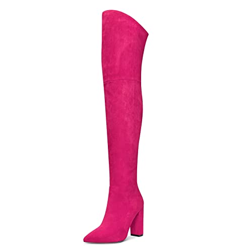 HDEUOLM Damen Chunky Blockabsatz Hoher High Absatz Heel Geschlossene Spitze Zehenkappe Überknie Stiefel Reißverschluss Sexy Klassisch Schuhe Magenta Rot 39 EU von HDEUOLM