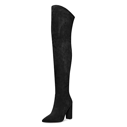 HDEUOLM Damen Chunky Blockabsatz Hoher High Absatz Heel Geschlossene Spitze Zehenkappe Überknie Stiefel Reißverschluss Sexy Klassisch Schuhe Schwarz 39 EU von HDEUOLM