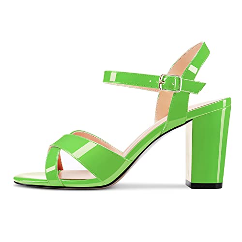 HDEUOLM Damen Chunky Blockabsatz Hoher High Absatz Heel Peep Open Zehenkappe Sandalen Knöchelriemen Slingback Hochzeit Cute 8.5 CM Heels Grün A 36 EU von HDEUOLM