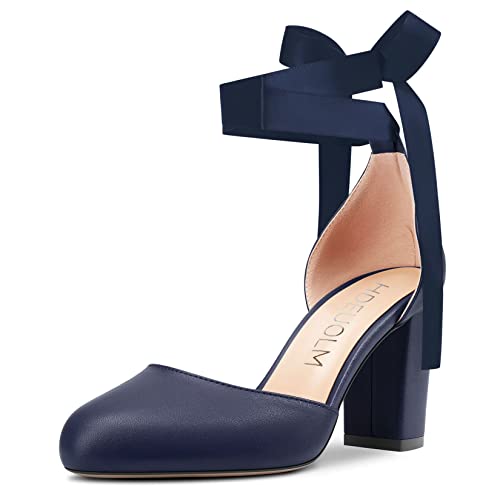HDEUOLM Damen Chunky Blockabsatz Hoher High Absatz Heel Runde Geschlossene Zehenkappe Knöchelriemen Two-Piece Sandalen Bogenknoten Hochzeit Dress Schuhe Navy Blau 35 EU von HDEUOLM