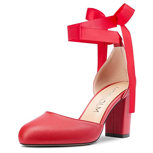 HDEUOLM Damen Chunky Blockabsatz Hoher High Absatz Heel Runde Geschlossene Zehenkappe Knöchelriemen Two-Piece Sandalen Bogenknoten Hochzeit Dress Schuhe Rot 40 EU von HDEUOLM