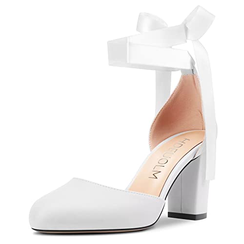 HDEUOLM Damen Chunky Blockabsatz Hoher High Absatz Heel Runde Geschlossene Zehenkappe Knöchelriemen Two-Piece Sandalen Bogenknoten Hochzeit Dress Schuhe Weiß 39 EU von HDEUOLM