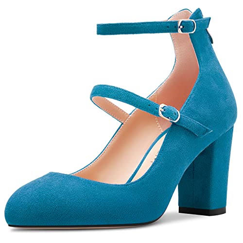 HDEUOLM Damen Chunky Blockabsatz Hoher High Absatz Heel Runde Zehenkappe Pumps Knöchelriemen Mary Jane Büroschuhe Cute 8 cm Heels Blau 40 EU von HDEUOLM