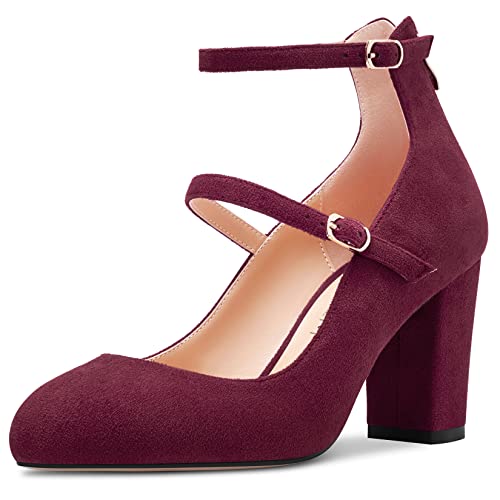HDEUOLM Damen Chunky Blockabsatz Hoher High Absatz Heel Runde Zehenkappe Pumps Knöchelriemen Mary Jane Büroschuhe Cute 8 cm Heels Burgunderrot 39 EU von HDEUOLM