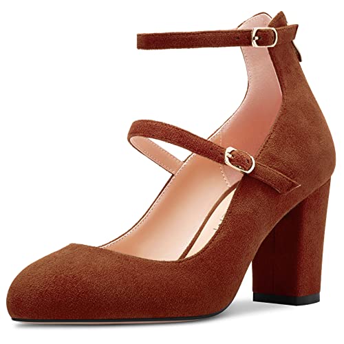 HDEUOLM Damen Chunky Blockabsatz Hoher High Absatz Heel Runde Zehenkappe Pumps Knöchelriemen Mary Jane Büroschuhe Cute 8 cm Heels Dunkelbraun 35 EU von HDEUOLM