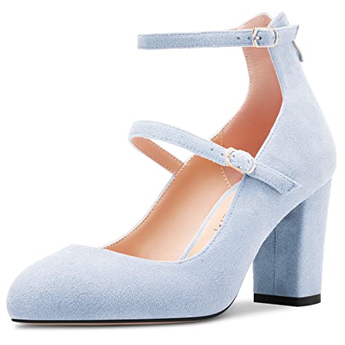 HDEUOLM Damen Chunky Blockabsatz Hoher High Absatz Heel Runde Zehenkappe Pumps Knöchelriemen Mary Jane Büroschuhe Cute 8 cm Heels Hellblau 38 EU von HDEUOLM