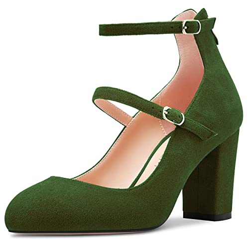 HDEUOLM Damen Chunky Blockabsatz Hoher High Absatz Heel Runde Zehenkappe Pumps Knöchelriemen Mary Jane Büroschuhe Cute 8 cm Heels Olivgrün 42 EU von HDEUOLM